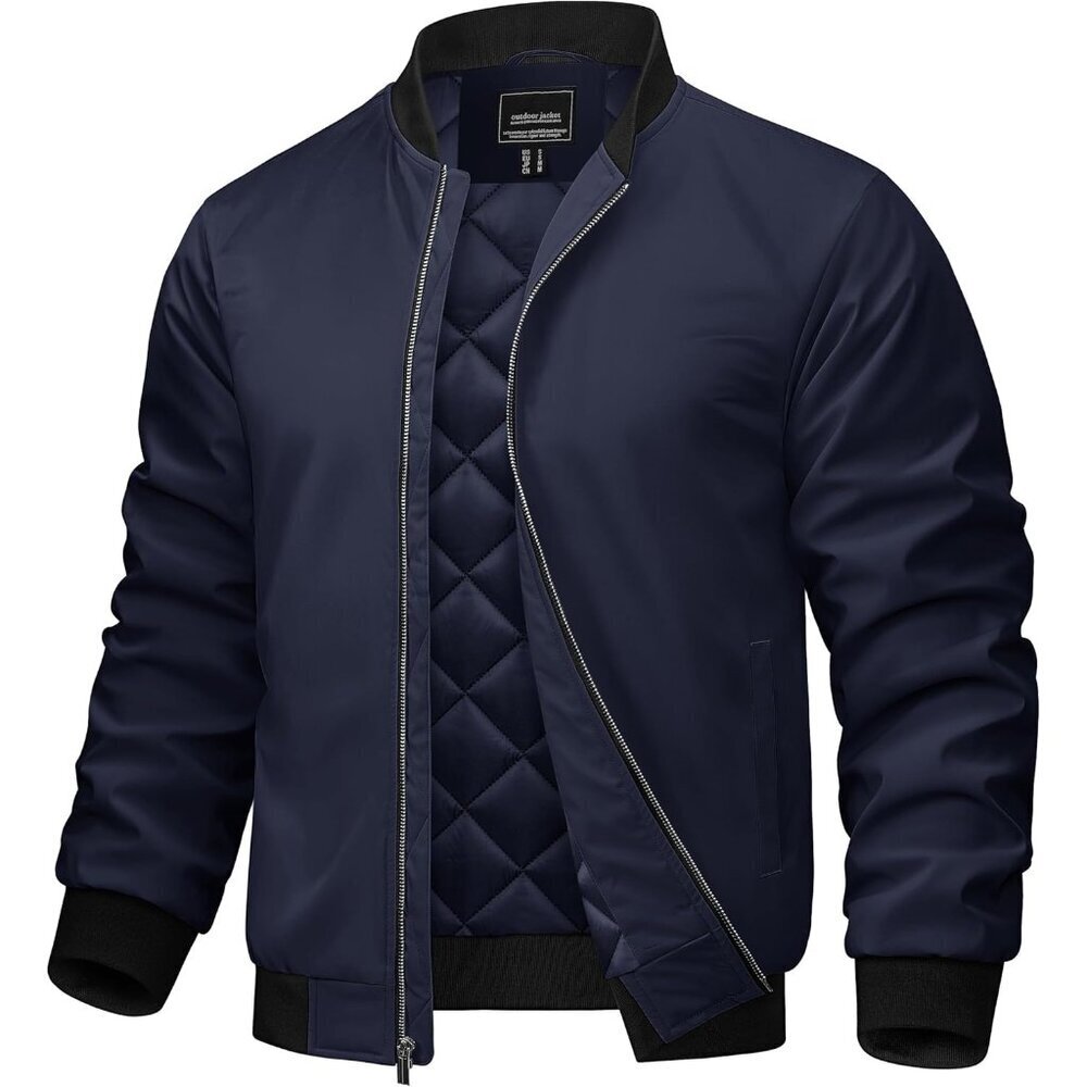Men's Navy Zipper Spring Windproof Water Resistant Winter Warm Bomber Jacket - Picture 1 of 7